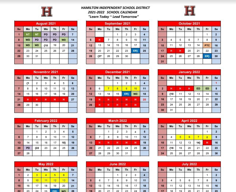 Revised Hamilton ISD School Calendar