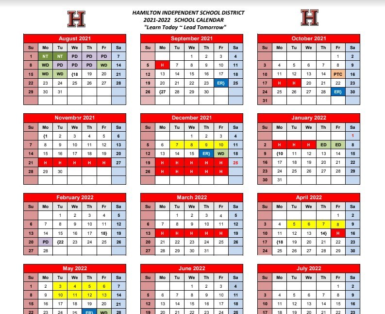 Revised Hamilton ISD School Calendar Hamilton ISD