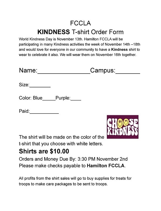 FCCLA Kindness T-Shirt Order Form