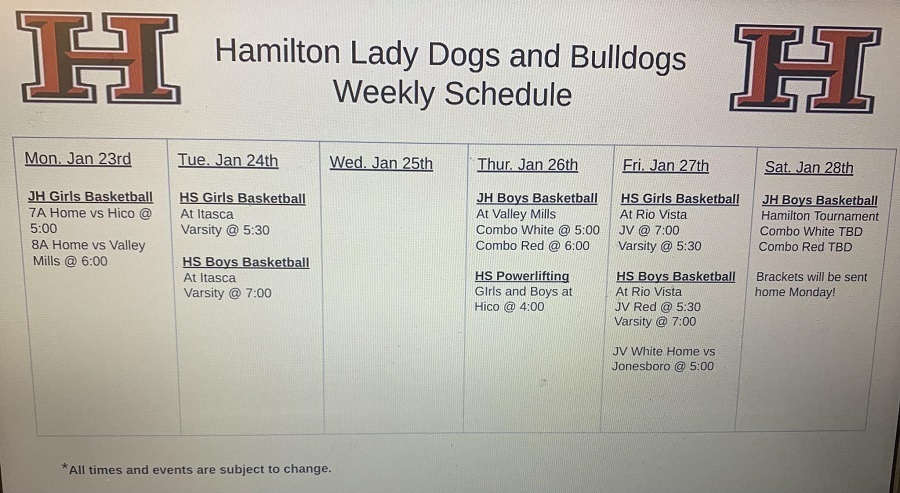 Weekly Athletic Schedule