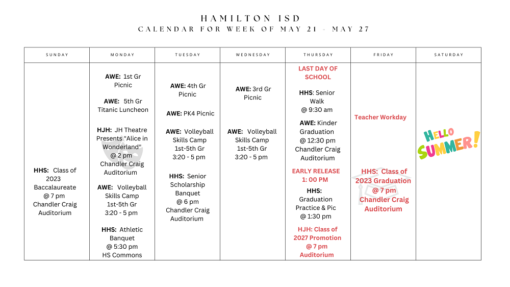 HISD Weekly Calendar May 21-27