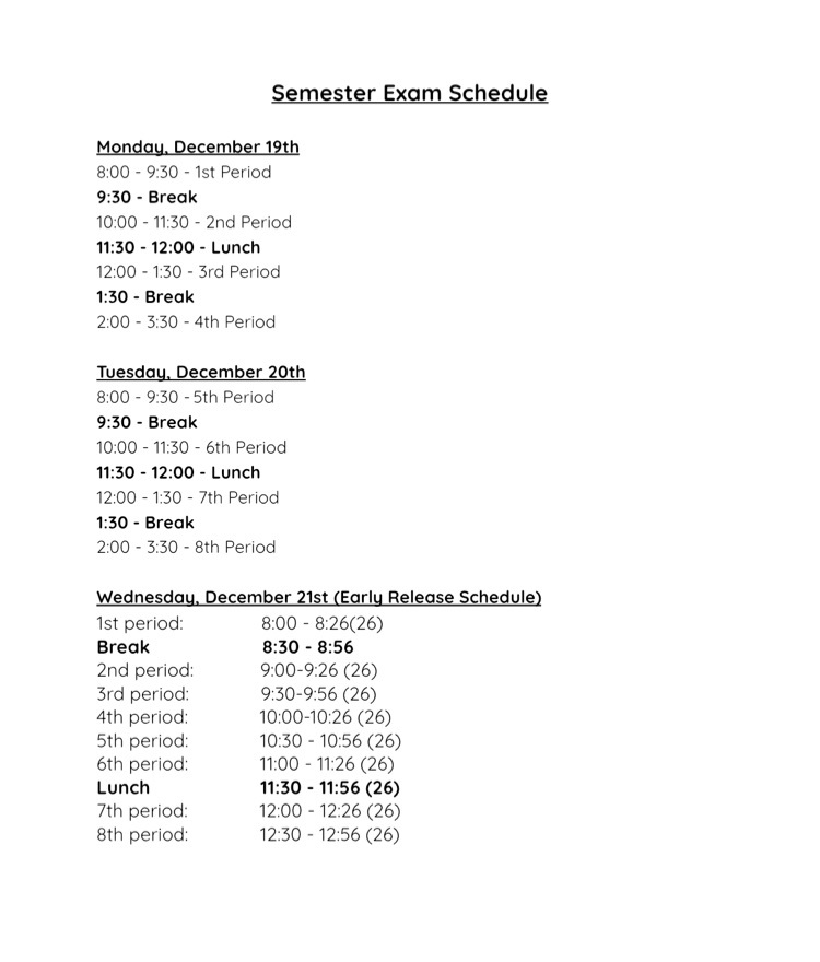 semester exam schedule 